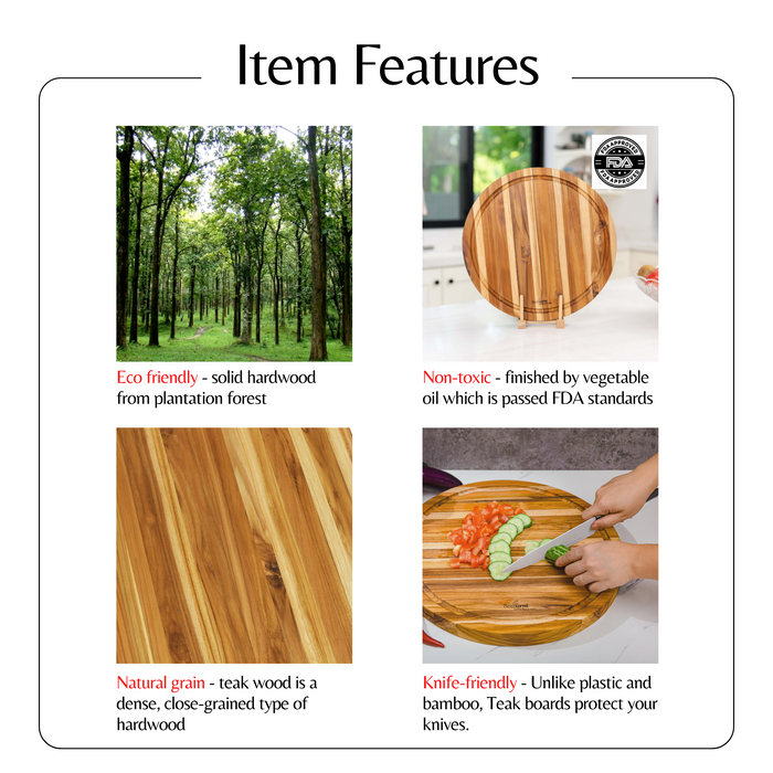 Teak Cutting Board Reversible Chopping Serving Board Multipurpose Food Safe Thick Board, Small Large Size 15.8x15.8x1.25 inches