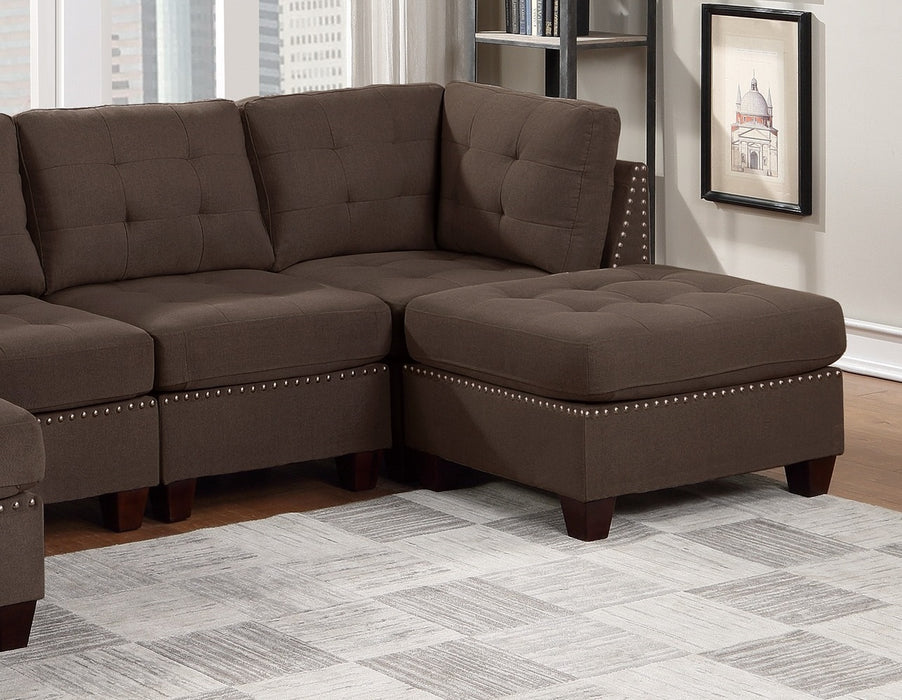 Modular Sectional 6pc Set Living Room Furniture U-Sectional Tufted Nail heads Couch Black Coffee Linen Like Fabric 2x Corner Wedge 2x Armless Chairs and 2x Ottomans