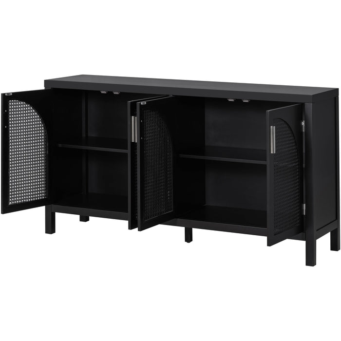 TREXM Large Storage Space Sideboard with Artificial Rattan Door and Metal Handles for Living Room and Entryway (Black)