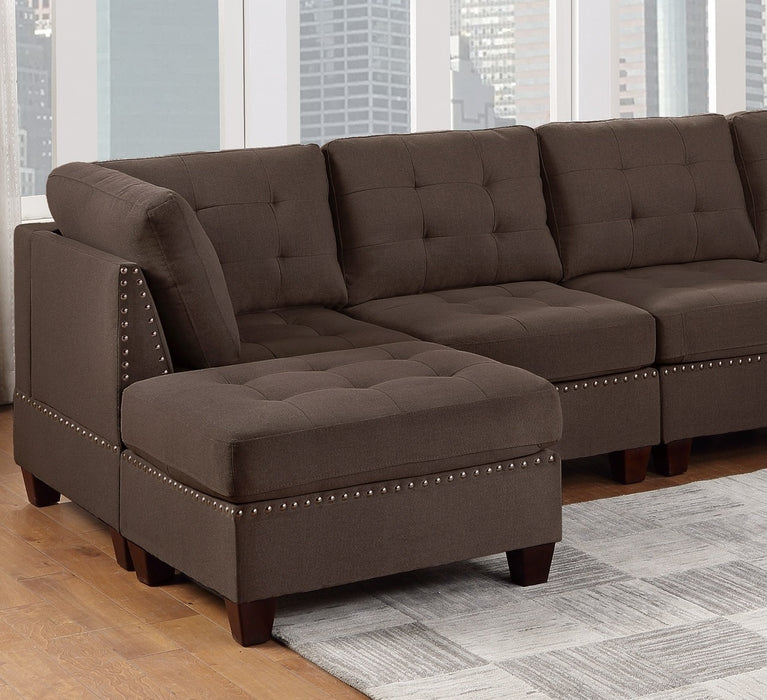 Modular Sectional 6pc Set Living Room Furniture U-Sectional Tufted Nail heads Couch Black Coffee Linen Like Fabric 2x Corner Wedge 2x Armless Chairs and 2x Ottomans