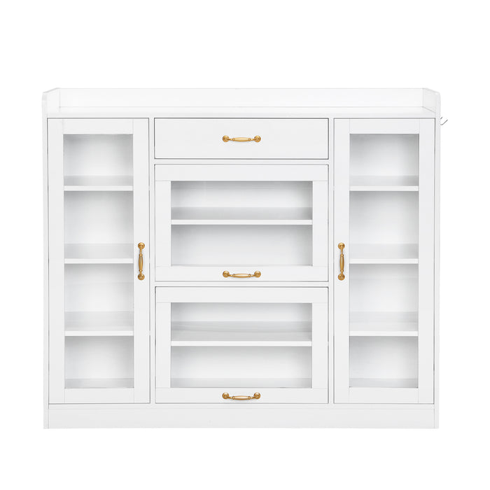 ON-TREND Modernist Side Cabinet with 4 Glass Doors & 3 Hooks, Freestanding Shoe Rack with Multiple Adjustable Shelves, Versatile Display Cabinet with Gold Handles for Hallway, Living Room, White