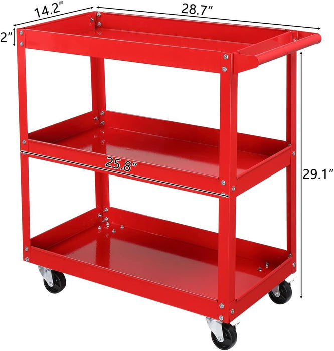 Tool Cart on Wheels, 3 Tier Rolling Mechanic Tool Cart, Heavy Duty Steel Utility Cart w/Lockable Wheels, 450 LBS Capacity Industrial Service Cart for Garage, Warehouse, Workshop (Bright Red)