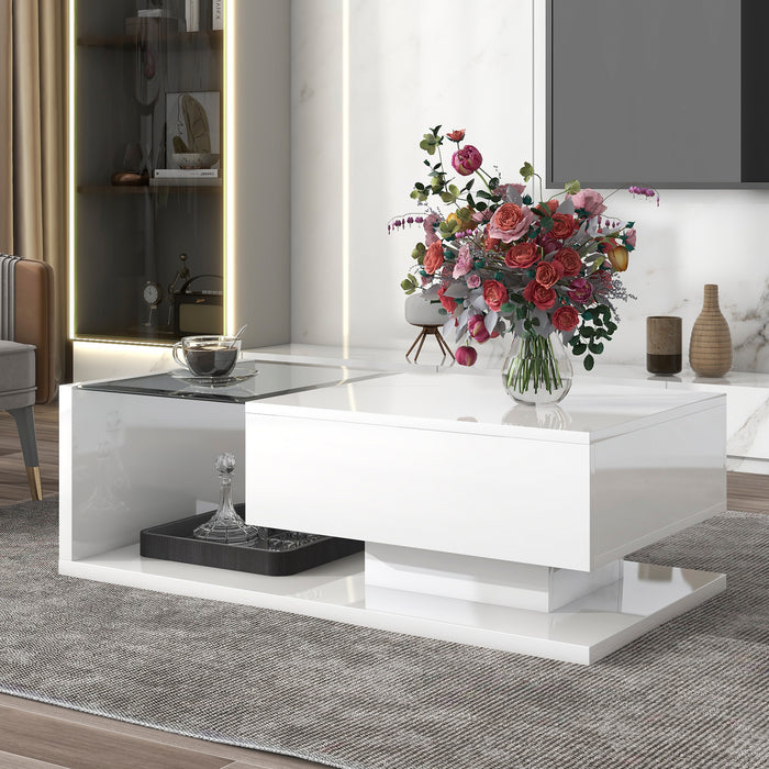 [VIDEO provided] ON-TREND Modern Coffee Table with Tempered Glass, Wooden Cocktail Table with High-gloss UV Surface, Modernist 2-Tier Rectangle Center Table for Living Room, White