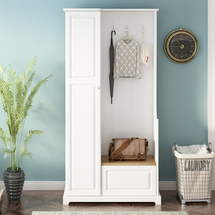 ON-TREND Stylish Design Hall Tree with Flip-Up Bench, Minimalist Hallway Shoe Cabinet with Adjustable Shelves, Multifunctional Furniture with Hanging Hooks for Entryways, Mudroom, White