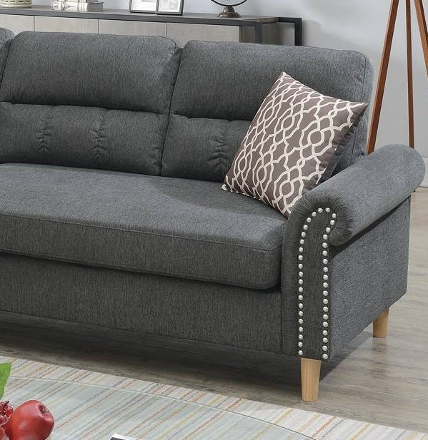 Slate Polyfiber Reversible Sectional Sofa Set with Chaise, Pillows, Plush Cushion, Couch Nailheads