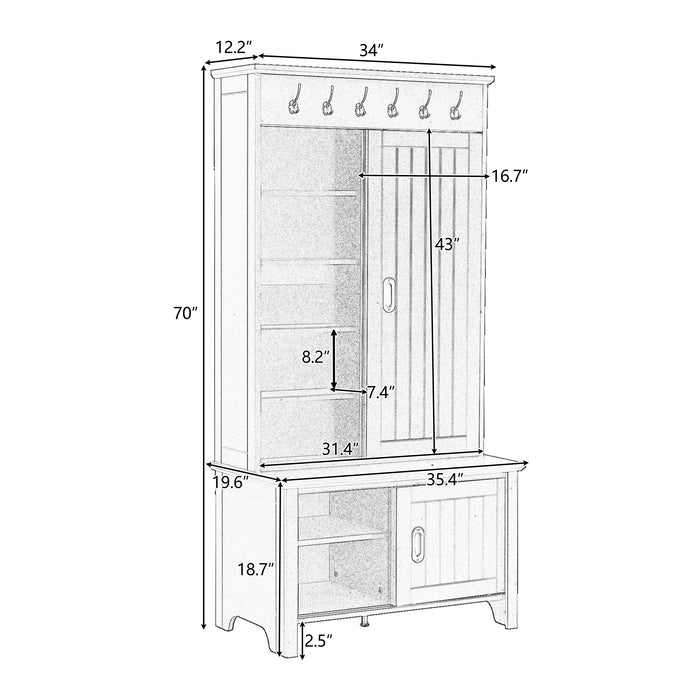 ON-TREND Multifunctional Hall Tree with Sliding Doors, Wooden Hallway Shoe Cabinet with Storage Bench and Shelves, Mudroom Coat Storage with Hanging Hooks for Entryways, Black