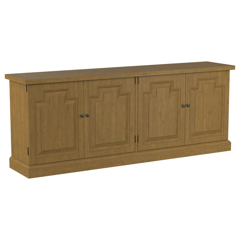Allende Rustic Honey 4-Door Sideboard in Rustic Honey Finish with Pine and Plywood Construction, 90-Inch Wide Glass House Furnishings