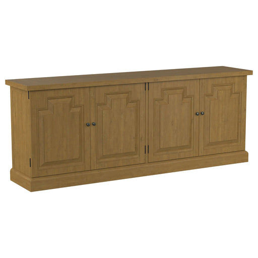 Allende Rustic Honey 4-Door Sideboard in Rustic Honey Finish with Pine and Plywood Construction, 90-Inch Wide Glass House Furnishings
