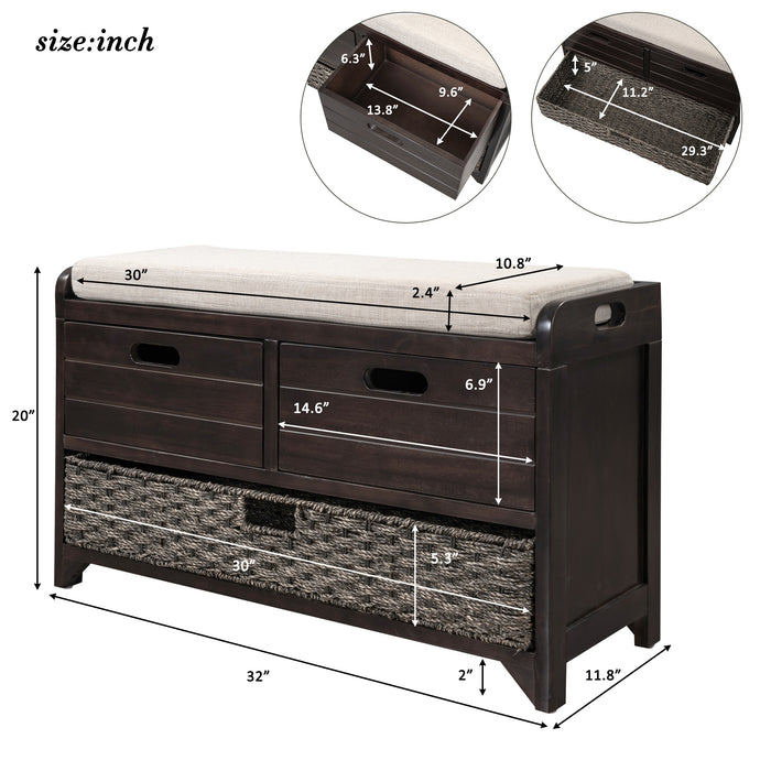 TREXM  Storage Bench with Removable Basket and 2 Drawers, Fully Assembled Shoe Bench with Removable Cushion (Espresso)