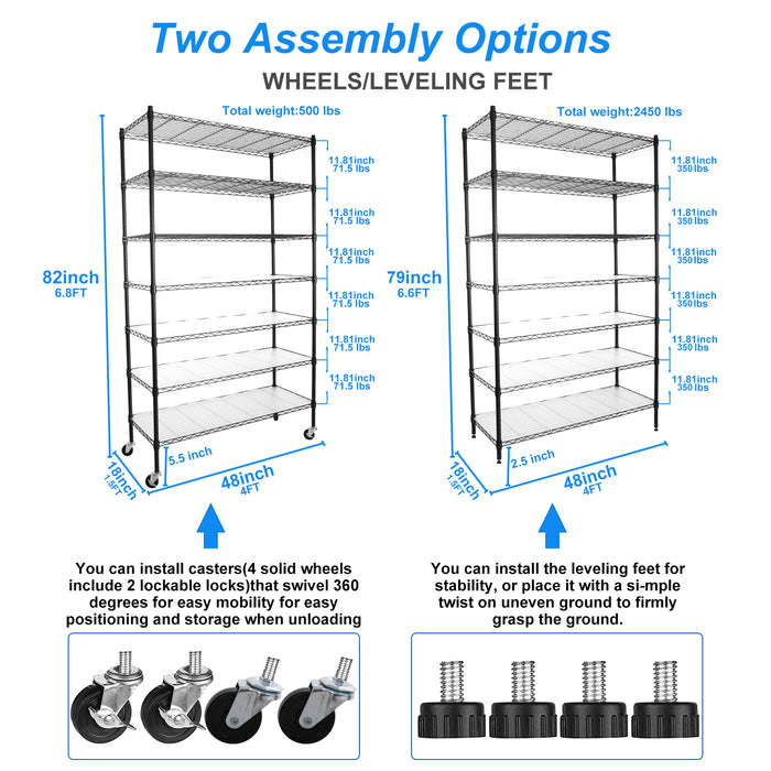 7 Tier Wire Shelving Unit, 2450 LBS NSF Height Adjustable Metal Garage Storage Shelves with Wheels, Heavy Duty Storage Wire Rack Metal Shelves - Black