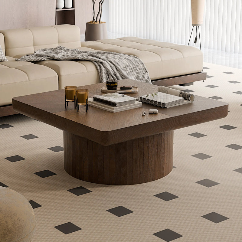 34.6'' Square Coffee Table for Living Room, Modern Wood Veneer Top with Parquet Pattern & Cylindrical Base, Thickened Tabletop, Easy Assembly, Walnut Glass House Furnishings