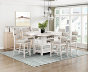 7pc Counter Height Dining Set Antique White Finish Table with Storage Drawers Wine-Rack Shelves 6x Chairs Upholstered Seat Furniture Glass House Furnishings