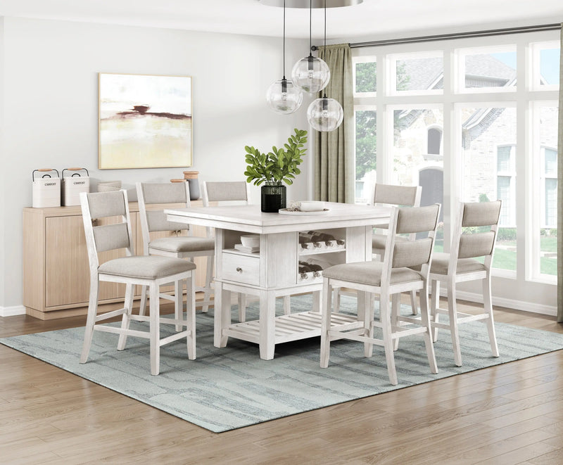 7pc Counter Height Dining Set Antique White Finish Table with Storage Drawers Wine-Rack Shelves 6x Chairs Upholstered Seat Furniture Glass House Furnishings