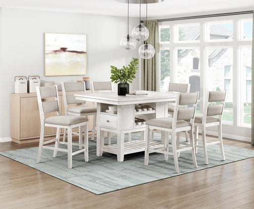 7pc Counter Height Dining Set Antique White Finish Table with Storage Drawers Wine-Rack Shelves 6x Chairs Upholstered Seat Furniture Glass House Furnishings
