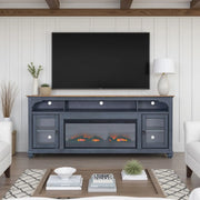 Americana 86 in Fireplace TV Stand for TVs up to 95 inches, Corduroy Blue Finish Glass House Furnishings