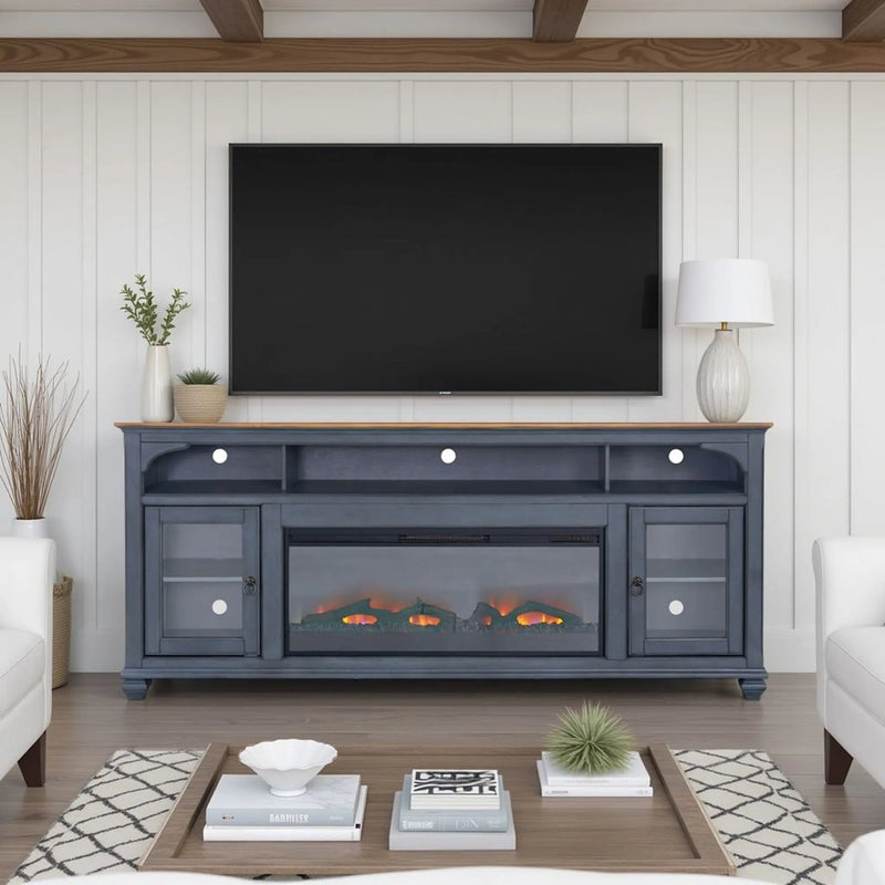 Americana 86 in Fireplace TV Stand for TVs up to 95 inches, Corduroy Blue Finish Glass House Furnishings