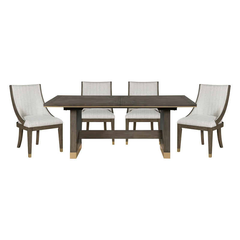 Modern Brown Finish 5pc Dining Set Extension Dining Table and 4x Armchairs Set Gold Tipping Upholstered Dining Kitchen Furniture Glass House Furnishings