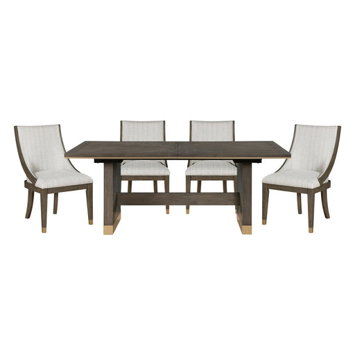 Modern Brown Finish 5pc Dining Set Extension Dining Table and 4x Armchairs Set Gold Tipping Upholstered Dining Kitchen Furniture Glass House Furnishings