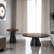 Contemporary Style 3pc Table Set 1x Coffee Table 2x End Table Parquet Pattern Top Drum Base Black Finish Primary Living Room Glass House Furnishings