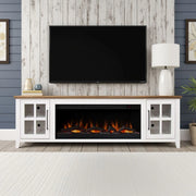Providence 83 inch Fireplace TV Stand, For TVs up to 95 inches, Minimal Assembly Required, White and Bourbon Finish Glass House Furnishings