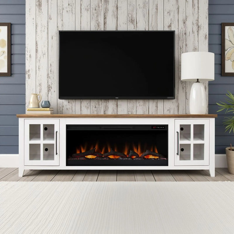 Providence 83 inch Fireplace TV Stand, For TVs up to 95 inches, Minimal Assembly Required, White and Bourbon Finish Glass House Furnishings
