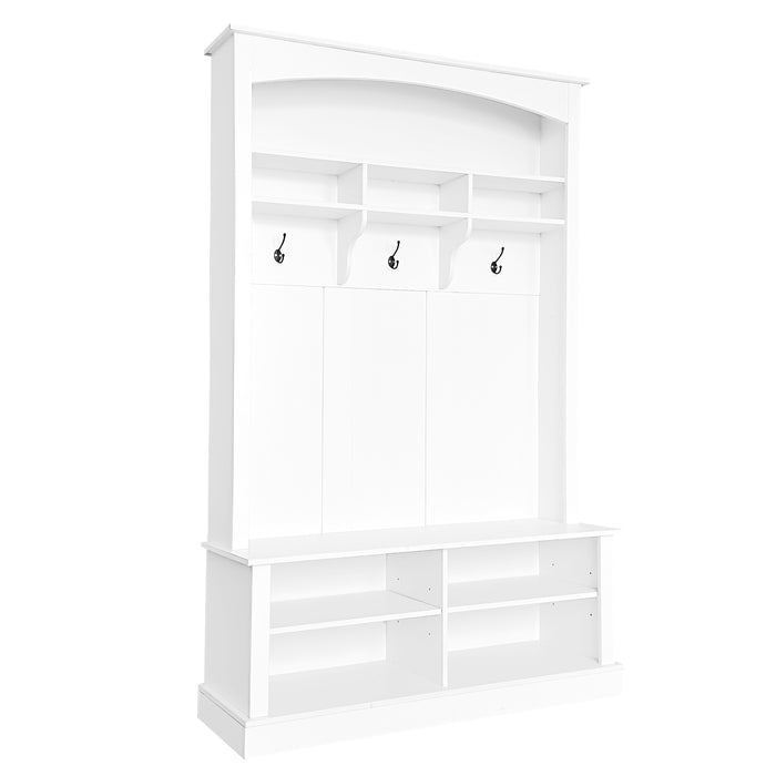 ON-TREND 47.2'' Wide Hall Tree with Bench and Shoe Storage, Multi-functional Storage Bench with 3 Hanging Hooks & Open Storage Space, Rectangle Storage & Shelves Coat Rack for Hallway, White