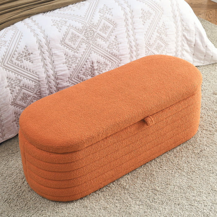 [Video] Welike Length 45.5 inchesStorage Ottoman Bench Upholstered Fabric Storage Bench End of Bed Stool with Safety Hinge for Bedroom, Living Room, Entryway, orange teddy.