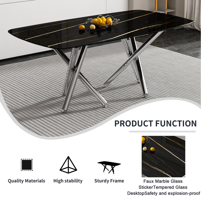 Large Modern Minimalist Rectangular Dining Table with 0.39" Imitation Marble Black Tabletop and Silver Metal Legs - Ideal for Kitchens, Living Rooms, Conference & Banquet Halls