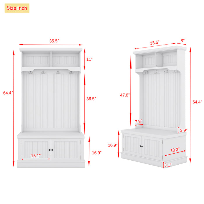 Hall Tree with Storage Shoe Bench for Entryway and Hallway, 4-in-1 Design Coat Racks with 4 Hooks for Living Room, White