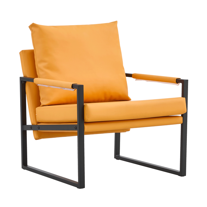 2-Piece Medieval Metal Frame Armchair, Orange PU Leather with Cushion Backrest, Living Room Sofa Chair