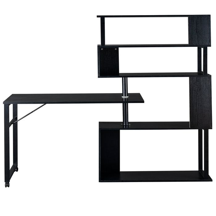 Home Office Computer Desk L-Shaped Corner Table, Rotating Computer Table with 5-Tier Bookshelf, 4 Installation Methods, Lockable Casters, Black