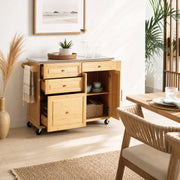 Indoor Bamboo Rolling Kitchen Island with Stainless Steel Top – Mobile Cart with Drawers, Cabinet & Towel Rack for Dining & Bar Glass House Furnishings