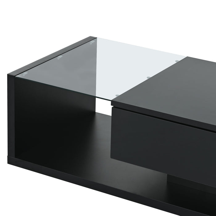 [VIDEO provided] ON-TREND Modern Coffee Table with Tempered Glass, Wooden Cocktail Table with High-gloss UV Surface, Modernist 2-Tier Rectangle Center Table for Living Room, Black