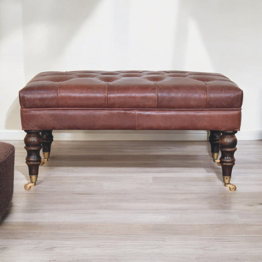 Sterling Brown Buffalo Leather Ottoman with Castor Legs Glass House Furnishings