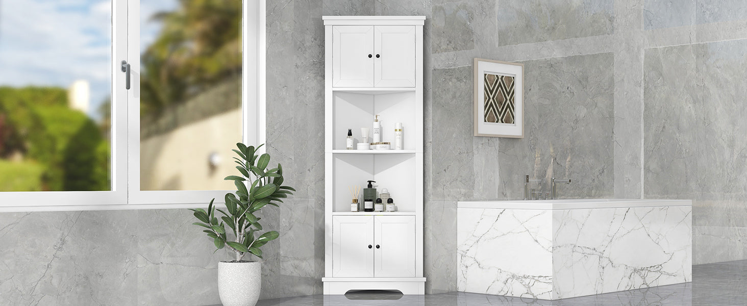 Tall Bathroom Storage Cabinet, Corner Cabinet with Doors and Adjustable Shelf, MDF Board, White