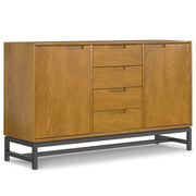 Banting Mid Century Sideboard with Centre Drawers in Oak Finish, Solid Wood Oak Veneer with Metal Frame, 60-Inch Storage Cabinet Glass House Furnishings