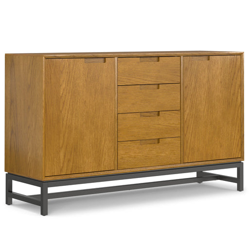 Banting Mid Century Sideboard with Centre Drawers in Oak Finish, Solid Wood Oak Veneer with Metal Frame, 60-Inch Storage Cabinet Glass House Furnishings