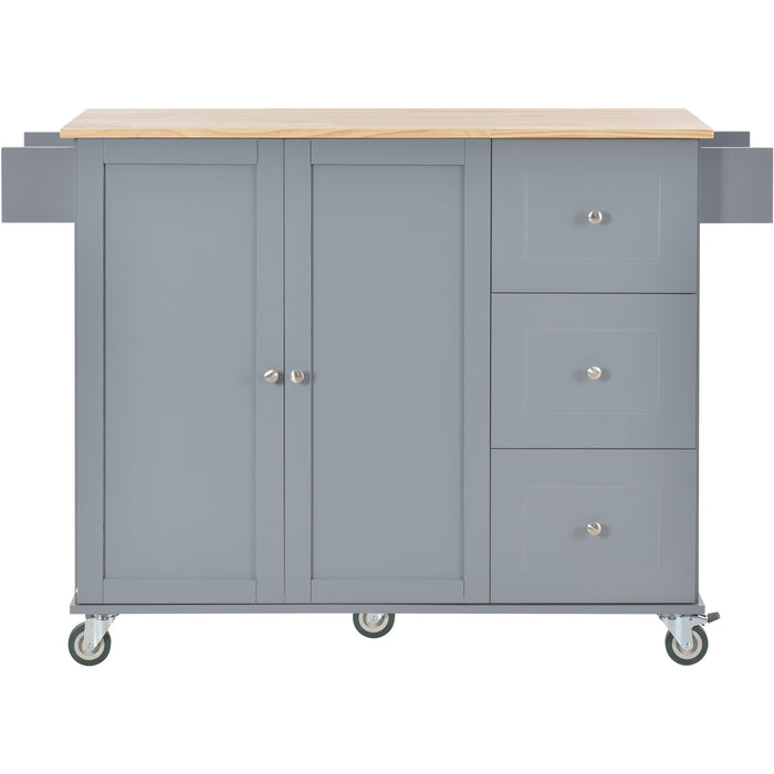 Rolling Mobile Kitchen Island with Solid Wood Top and Locking Wheels, 52.7 Inch Width, Storage Cabinet and Drop Leaf Breakfast Bar, Spice Rack, Towel Rack & Drawer - Grey Blue