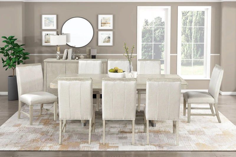 Modern Light Gray 9pc Dining Set Expandable Dining Table Upholstered Chairs Metallic Accents Wooden Furniture Glass House Furnishings
