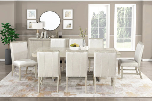 Modern Light Gray 9pc Dining Set Expandable Dining Table Upholstered Chairs Metallic Accents Wooden Furniture Glass House Furnishings