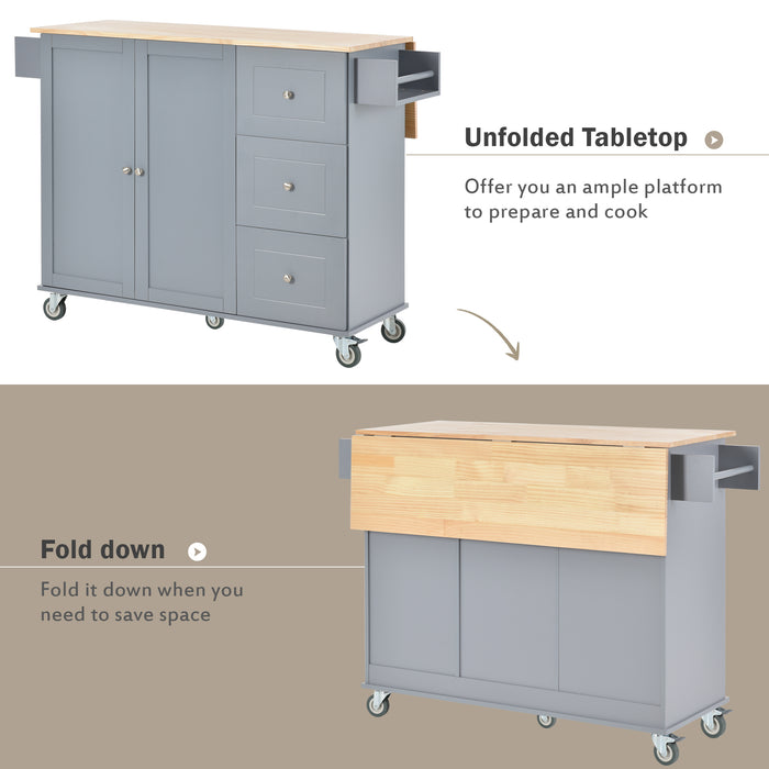 Rolling Mobile Kitchen Island with Solid Wood Top and Locking Wheels, 52.7 Inch Width, Storage Cabinet and Drop Leaf Breakfast Bar, Spice Rack, Towel Rack & Drawer - Grey Blue