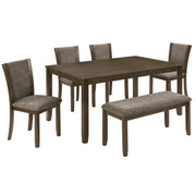 6-Piece Dining Table Set with Bench and Chairs, Wooden dining table set for 6 people, Farmhouse Rustic Style 6 Person Dining Table Set for Dining Room, Kitchen, Dark walnut Glass House Furnishings