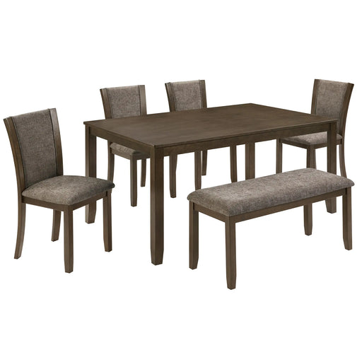 6-Piece Dining Table Set with Bench and Chairs, Wooden dining table set for 6 people, Farmhouse Rustic Style 6 Person Dining Table Set for Dining Room, Kitchen, Dark walnut Glass House Furnishings