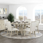 Modern Light Gray Finish 6pc Dining Set Round Table and 6 Side Chairs Premium Architectural Pedestal Base Metallic Accents Wooden Furniture Glass House Furnishings