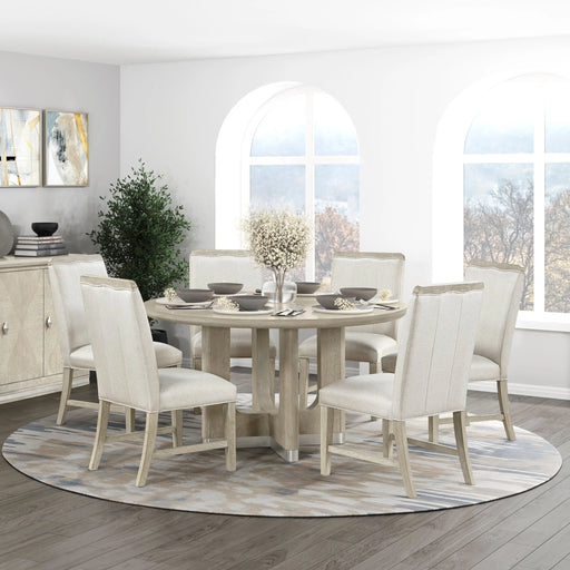 Modern Light Gray Finish 6pc Dining Set Round Table and 6 Side Chairs Premium Architectural Pedestal Base Metallic Accents Wooden Furniture Glass House Furnishings