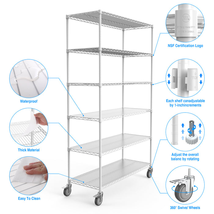 6 Tier Wire Shelving Unit, 6000 LBS NSF Height Adjustable Metal Garage Storage Shelves with Wheels, Heavy Duty Storage Wire Rack Metal Shelves - White - 204882