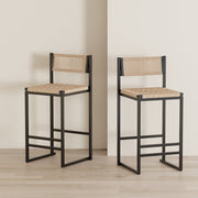 Kitchen Bar Stools with Footrest Set of 2 Paper Rope Weave Dining Chairs Counter Height Barstool (Style B Black & Honey) Glass House Furnishings
