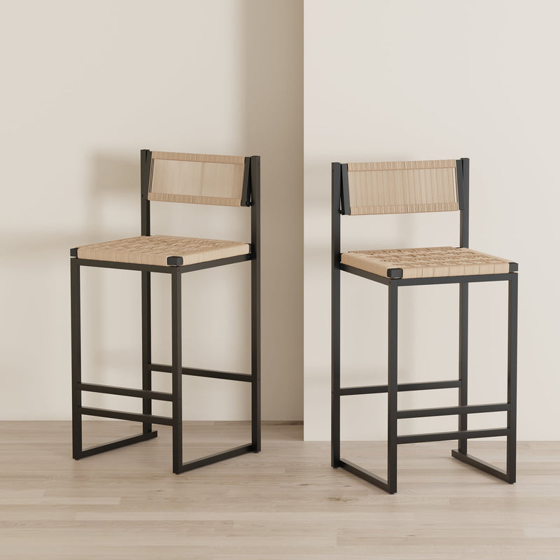 Kitchen Bar Stools with Footrest Set of 2 Paper Rope Weave Dining Chairs Counter Height Barstool (Style B Black & Honey) Glass House Furnishings