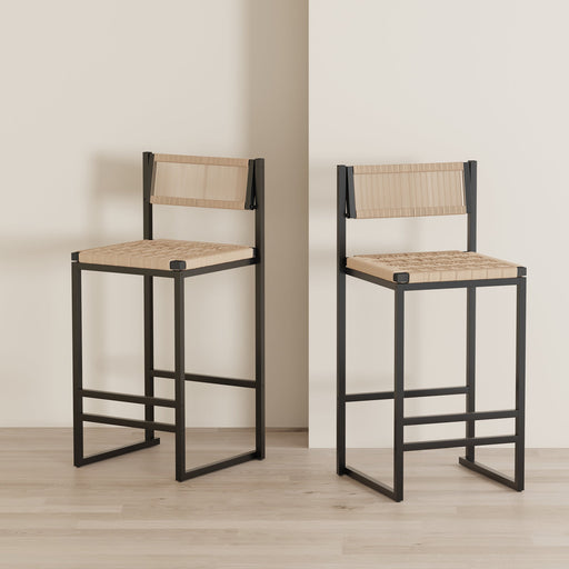Kitchen Bar Stools with Footrest Set of 2 Paper Rope Weave Dining Chairs Counter Height Barstool (Style B Black & Honey) Glass House Furnishings
