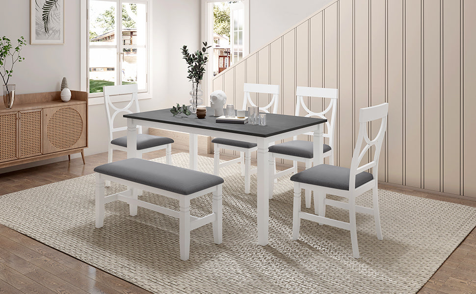 TOPMAX 6-Piece Wood Dining Table Set Kitchen Table Set with Upholstered Bench and 4 Dining Chairs, Farmhouse Style,Gray+White